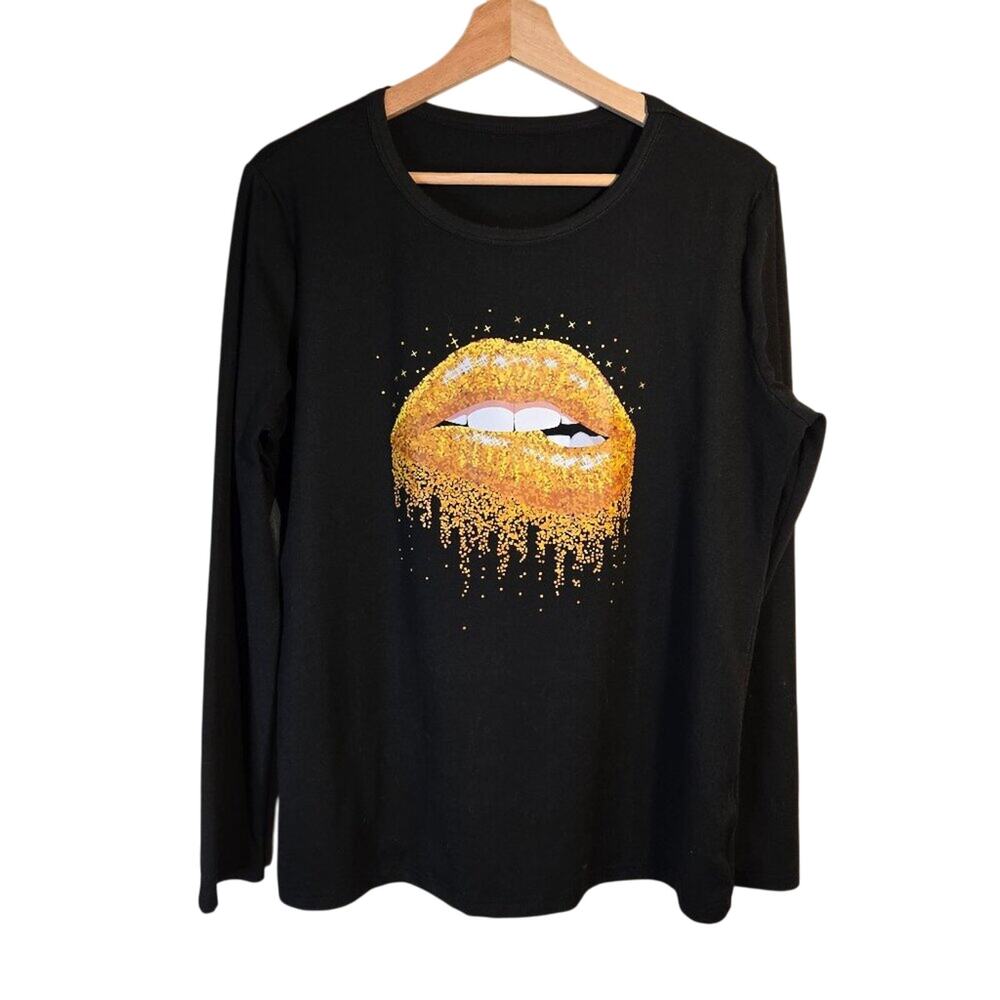 Large Black Graphic Long Sleeve with Gold Glitter Lips [0361]